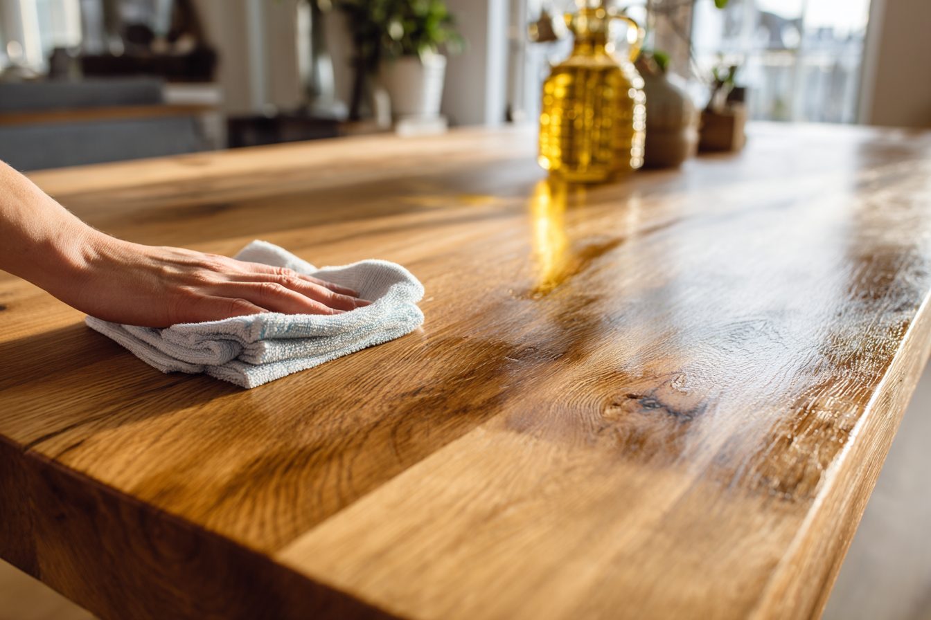 A close up scene of a solid oak dining table